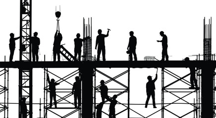 Construction workers silhouette on building site with scaffolding and crane, teamwork industrial labor concept, urban development illustration in black vector
