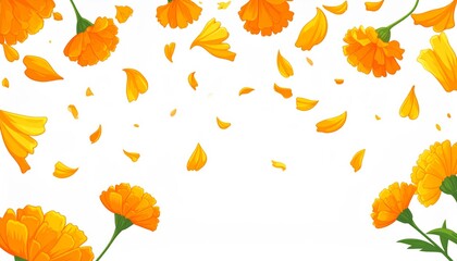 Vibrant orange marigold flowers and petals on white background.