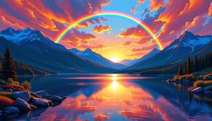 Sunrise Over Mountain Lake with Double Rainbow and Vibrant Skies