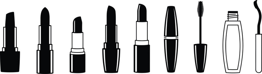 Cosmetic makeup products silhouettes set, lipstick and mascara collection, beauty essentials, fashion cosmetics, black and white minimal illustration design
