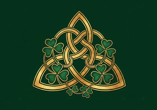 Golden Celtic Trinity Knot With Green Shamrocks on Deep Emerald Background for St Patricks Day Irish Heritage Branding and Luxury Festive Design