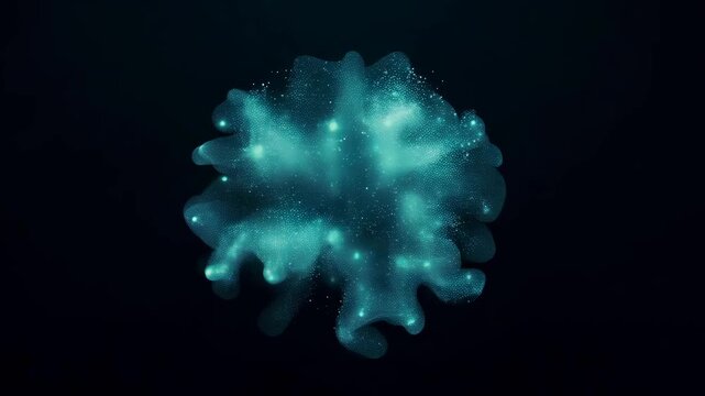 Vibrant blue particle cloud forming on dark background