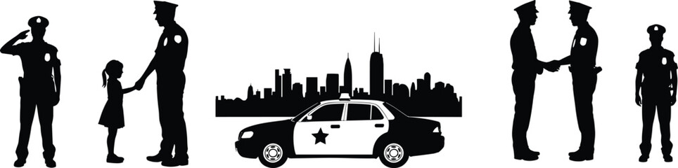 Police officer silhouettes with child and patrol car, law enforcement teamwork, urban city skyline, public safety concept, black and white  © Amelia's orld