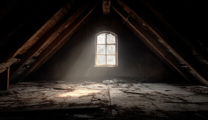 Dusty attic with aged wooden beams, debris-covered floor, and a single old window casting natural light inside