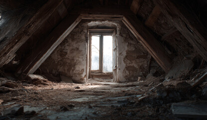 Dusty attic with aged wooden beams, peeling plaster walls, and a small window allowing natural light to illuminate debris-covered floor