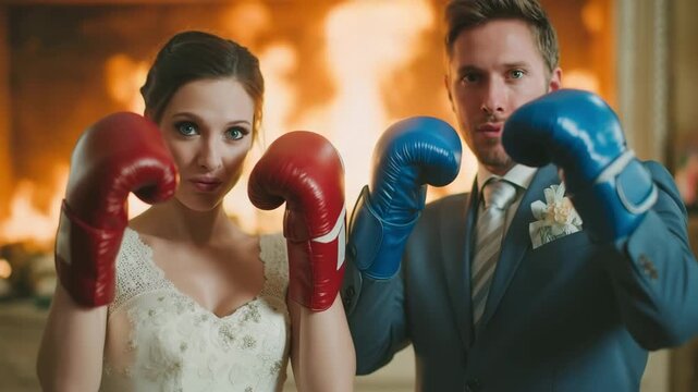 Angry bride in wedding dress and red boxing gloves and a groom in a suit with an angry expression in blue boxing gloves looking at camera with the background is a fire in wedding hall
