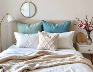 Serene Cozy Bedroom with Pastel Pillows and Fresh Flowers