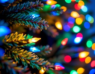 Festive String Lights Among Pine Branches