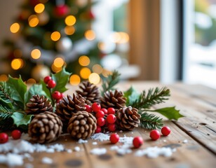 Festive Winter Table Decor with Pinecones and Holly Berries