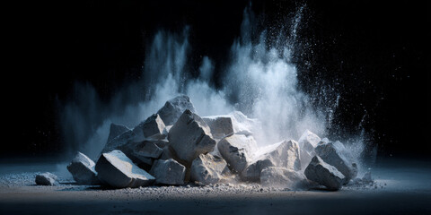 Dynamic explosion of broken gray rocks and white powder dispersing in mid-air with dark background