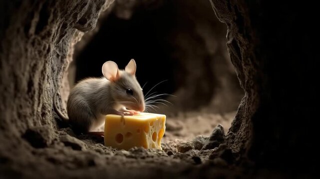 A fat mouse holding a huge piece of cheese while eating in a tunnel underground