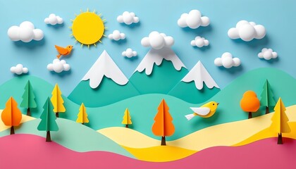 Whimsical Mountain Landscape with Paper Crafts and Cheerful Sky