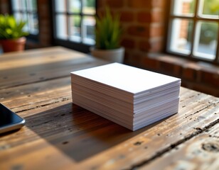 Neatly Organized Business Cards Rustic Wooden Surface