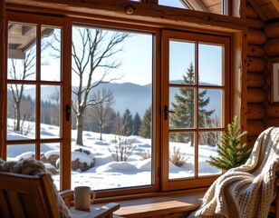 Cozy Winter Landscape Seen From Rustic Cabin Window