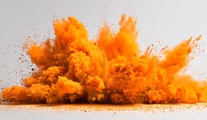 Dynamic explosion of orange powder creating a vibrant cloud and spray