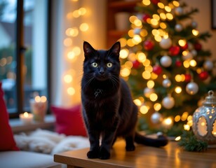 Elegant Black Cat with Festive String Lights