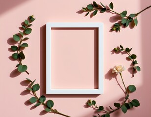Minimalist Botanical Flat Lay with White Frame Pastel Pink