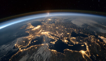 Earth viewed from space showing the entire european continent illuminated by city lights at night, with a visible atmosphere and curvature