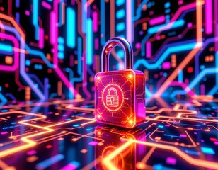 Futuristic Glowing Padlock Amid Digital Neon Data