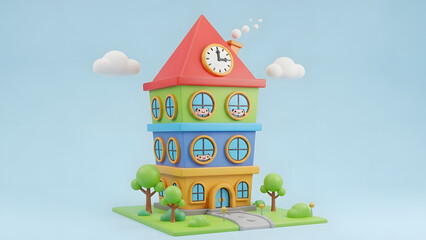 Cartoon illustration of a wooden toy house made of blocks featuring a window and door on a landscape with green grass and trees under a sunny sky with clouds