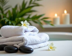 Relaxing Spa Scene with White Towels and Natural Accents