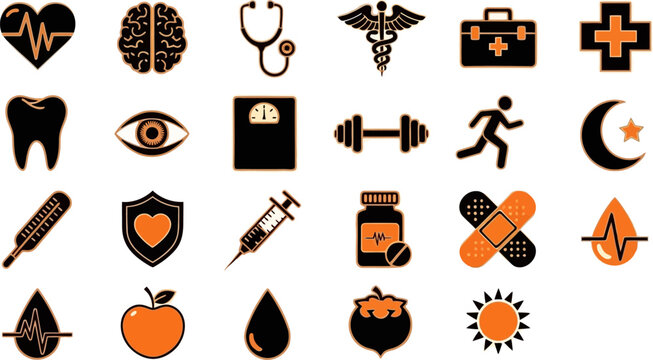 Health Fitness Line Icons Vector Set &ndash; Gym Workout Exercise Yoga Running Dumbbell Nutrition Wellness Heart Body Outline Icon Pack UI Web App