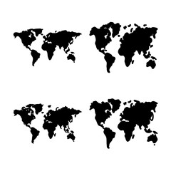 Four minimal black world map silhouettes vector design elements. Vector