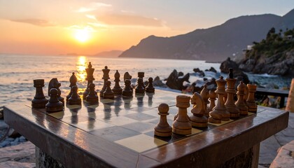 Chess Game on the Beach at Sunset - A Strategic Retreat.