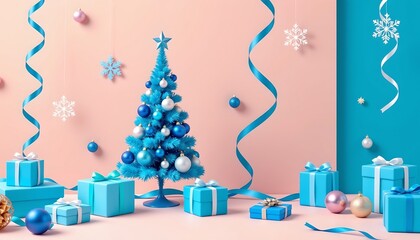 Stylish Blue Christmas Tree with Silver Ornaments and Gifts