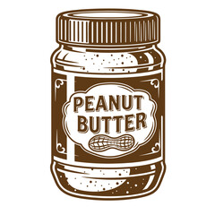 Vintage peanut butter jar illustration with brown and white label and cap on white background