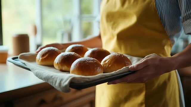 Close up of a woman wearing a light yellow apron and holding an tray of delicious small bread puffy bun at the kitchen