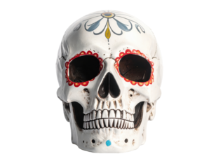 Colorful Decorative Skull with Floral Patterns for Day of the Dead Celebrations on Transparent Background