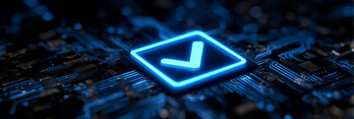 Digital checkmark on circuit board glowing blue. Modern tech concept of data validation assurance system and secure network access. Approve business process