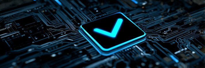 Digital checkmark on circuit board glowing blue. Modern tech concept of data validation assurance system and secure network access. Approve business process