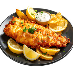 A classic meal of golden battered whiting and a pile of crispy chips, captured beautifully and isolated on a bright white background.