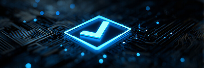 Digital checkmark on circuit board glowing blue. Modern tech concept of data validation assurance system and secure network access. Approve business process
