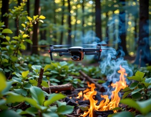 Drone Hovering Above Forest Fire