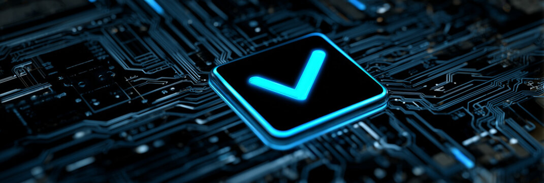 Digital checkmark on circuit board glowing blue. Modern tech concept of data validation assurance system and secure network access. Approve business process - Powered by Adobe
