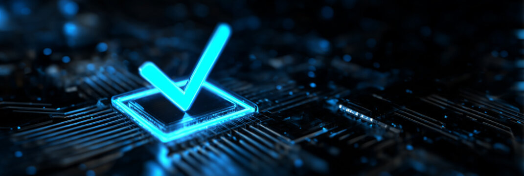 Digital checkmark on circuit board glowing blue. Modern tech concept of data validation assurance system and secure network access. Approve business process - Powered by Adobe