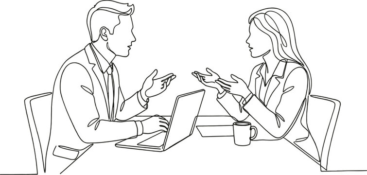 Business discussion of man and woman coworkers Continuous one line art