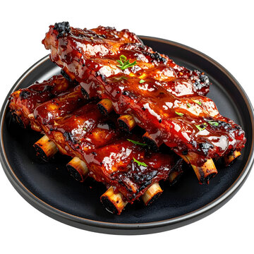 Finger-licking good honey glazed BBQ ribs, captured in detail and perfectly isolated on a bright white background for a clean look.