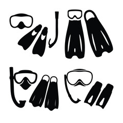 Snorkeling and diving gear silhouettes. underwater activity tools. Vector