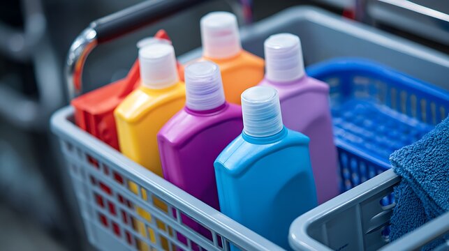 A wide variety of colorful plastic detergent and cleaning product bottles are arranged in rows of shopping carts within a bright supermarket aisle for household housework and hygiene