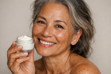 Radiant Skin Revelation: A woman with gentle smile cradles a jar of cream, suggesting a serene skincare routine and self-care ritual. 