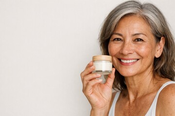 Gentle Skincare: A portrait of a woman of grace, radiating happiness while holding a jar of cream, symbolizing beauty and age-defying care.