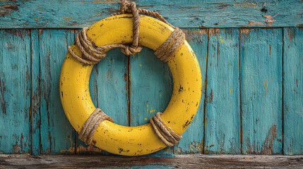 A vibrant yellow life preserver suspended against weathered blue wooden planks