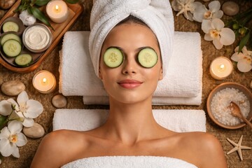 Serene Spa Day: A woman lies back in a moment of tranquility, cucumbers rest gently on her eyes, surrounded by the ambiance of a spa, reflecting the essence of rejuvenation and serenity.