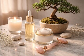 Tranquil Skincare Ritual: An inviting composition of spa essentials, featuring a serene bonsai, gentle skincare products, and the soft glow of a candle, inviting a moment of relaxation and self-care.