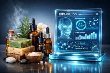 Future of Skincare: Futuristic display, showcasing skin analysis with data visualization amidst skincare products, evoking a sense of innovative skincare solutions and science-backed beauty.