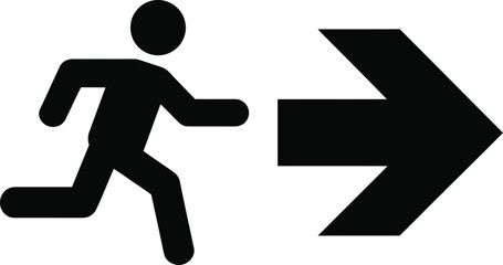 Black silhouette of a running figure points toward a large rightward directional arrow sign icon.